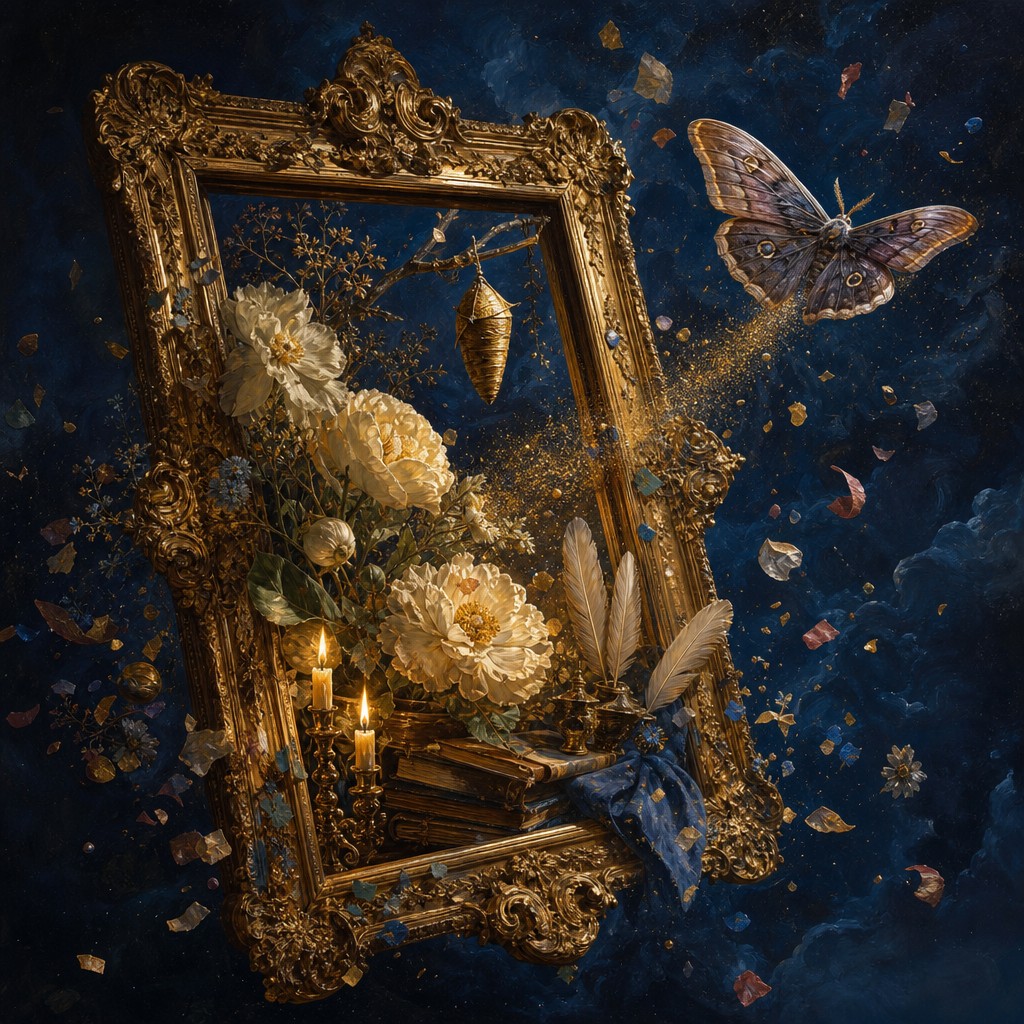 A baroque still life adrift in a deep blue void: a gilded picture frame tilted in the dark, holding white peonies, lit candles, old books and feathers, with a golden chrysalis hanging inside the frame &mdash; and the moth already outside it, at the upper right, trailing golden dust into the blue.