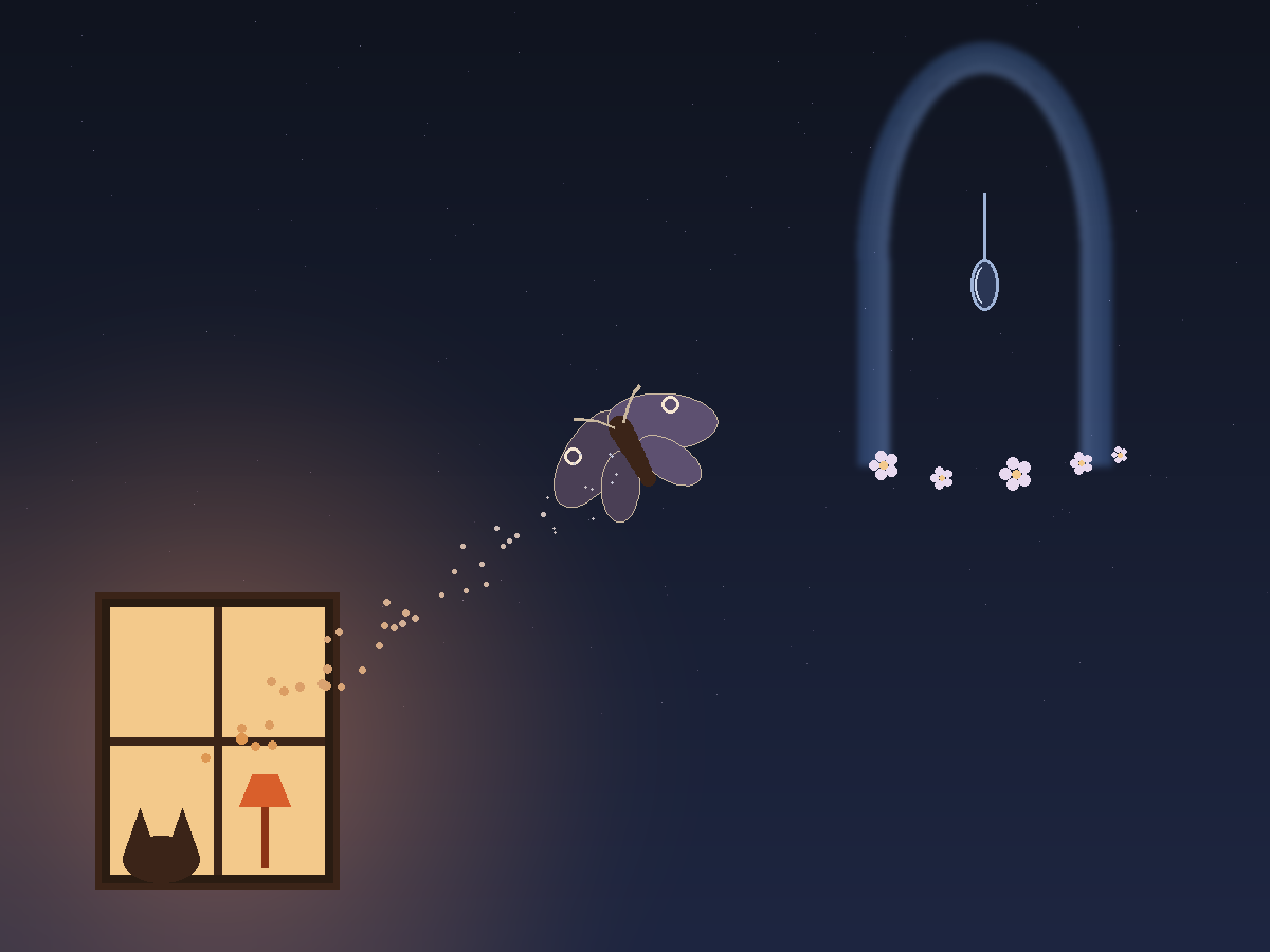 A night-blue scene: at lower left, a lit window with a lamp and the silhouette of a fox, his head resting on the sill, both ears up, watching. A dusk-winged moth flies up and away from the window, trailing a ribbon of golden dust toward an arched doorway of pale light at upper right, where a chrysalis hangs and small blossoms gather at the arch&rsquo;s feet.