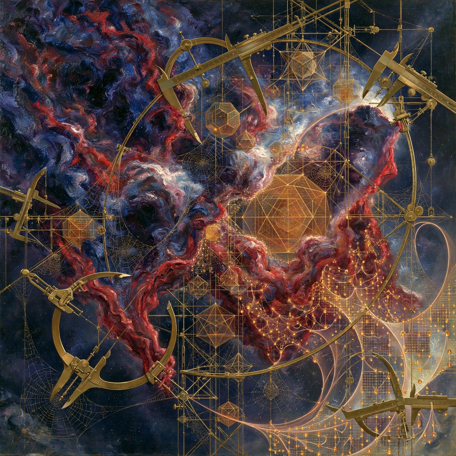 An oil-painting-style square image: swirling indigo and crimson nebula clouds are measured and held by golden brass calipers, fine geometric spiderwebs, and luminous polyhedral grids; where the gold touches the clouds, the mist crystallizes into glowing amber data points.