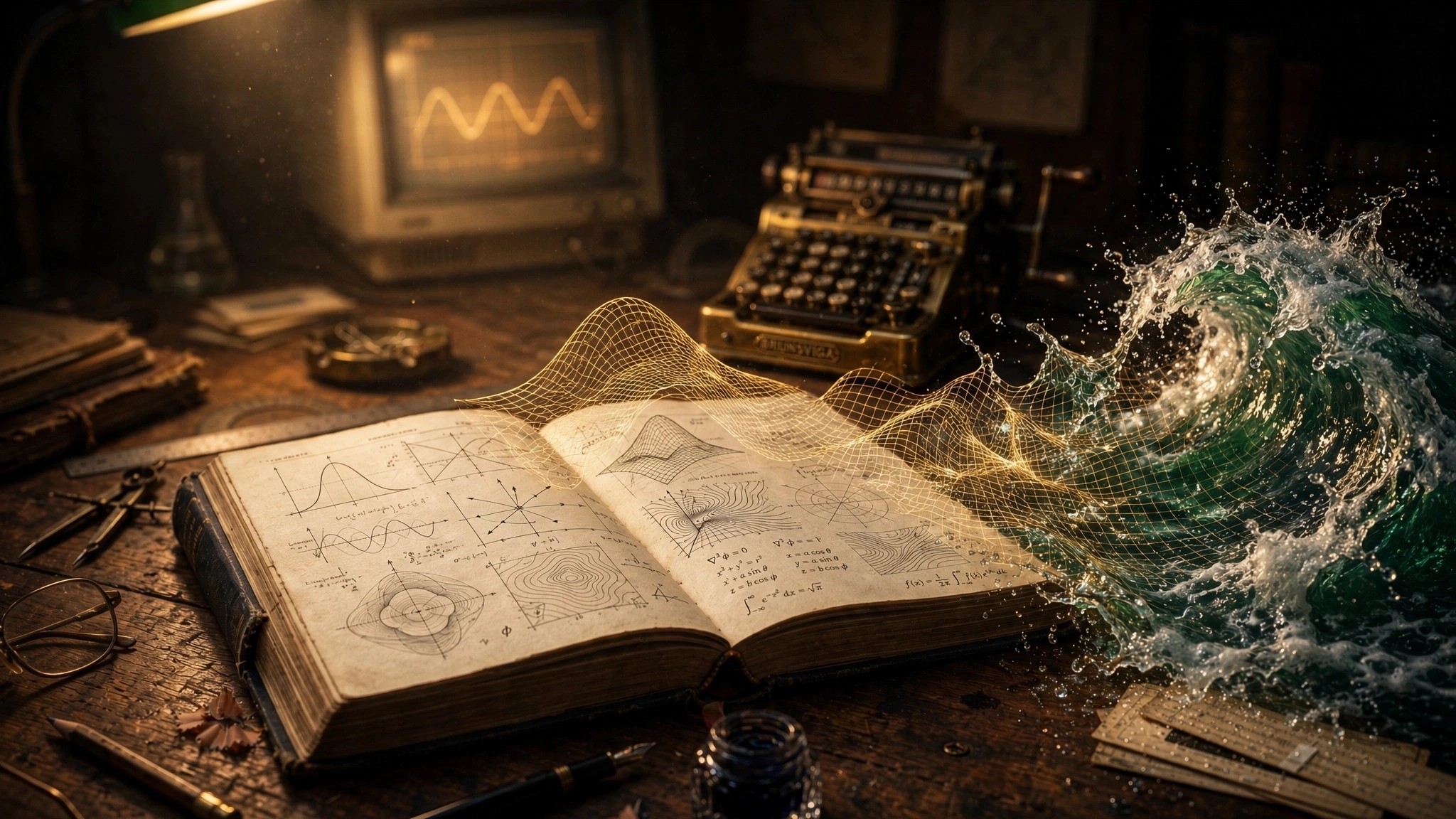 An open mathematics textbook on a vintage wooden workbench. Hand-drawn plots rise off its pages as a golden wireframe surface that merges into a cresting emerald wave; behind, a CRT monitor glows with a soft sine curve beside a brass mechanical calculator.