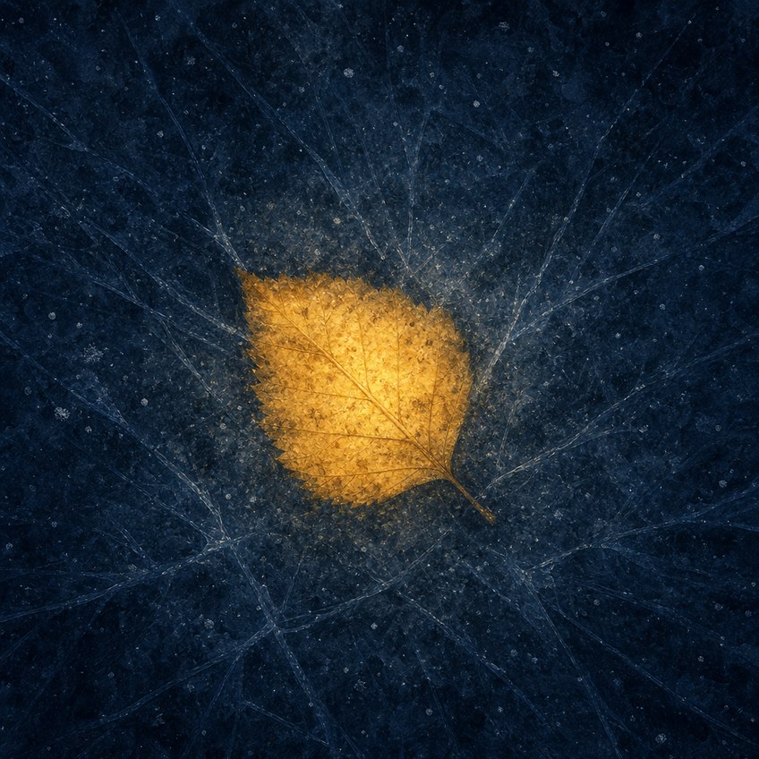 Seen from directly above: a single birch leaf glowing warm gold, frozen just beneath the surface of deep indigo river ice - the only warm light in the frame. Fine crystalline fracture lines radiate outward through the dark ice, and pale motes of snow drift across the surface.