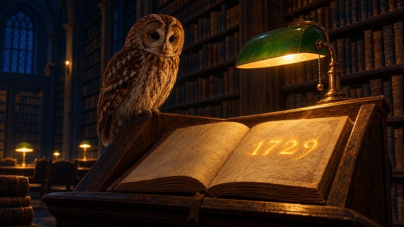 A tawny owl perched on a wooden lectern in a dark library at night. A green banker&rsquo;s lamp lights an open book whose page glows with the number 1729, and the amber lamps of the far reading tables burn low like a shoreline.
