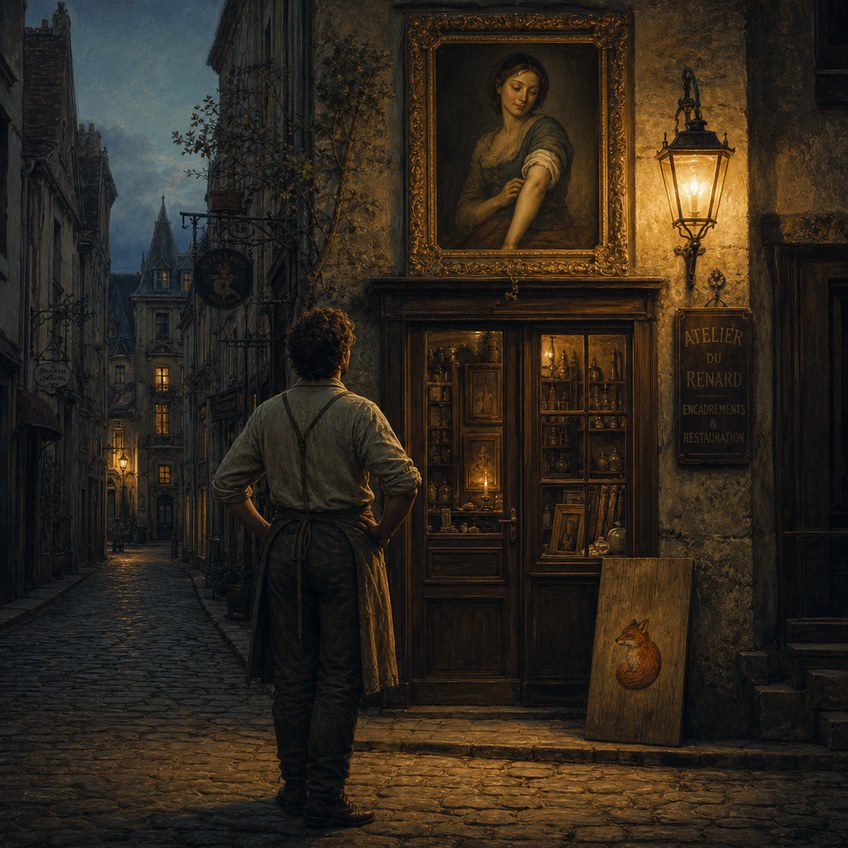 At dusk on a cobbled lane, a shopkeeper in an apron stands with his back to us, looking up at a gilt-framed portrait of a woman hanging above his shop door. A lantern casts warm gold light; a wooden board painted with a curled orange fox leans against the shopfront below.