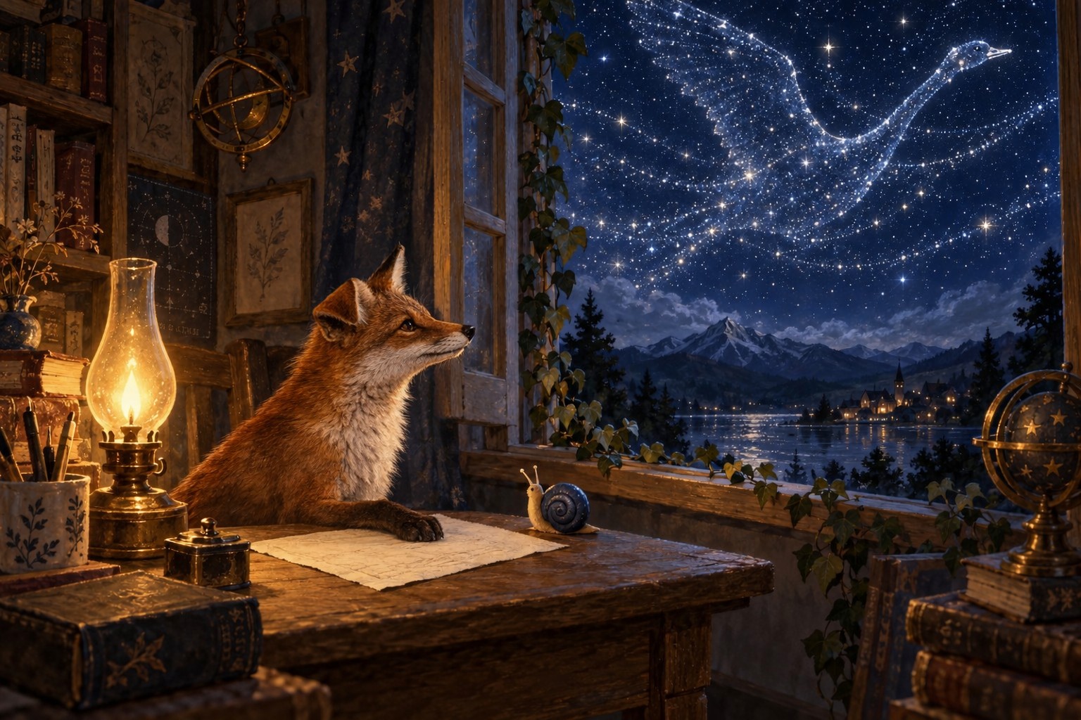 A painted night scene: a red fox with one folded ear sits at a wooden desk before an open window, an oil lamp and a sheet of paper before him and a snail with an indigo shell beside the paper. Outside, star-lines in the night sky trace a great swan gliding above a mountain lake.