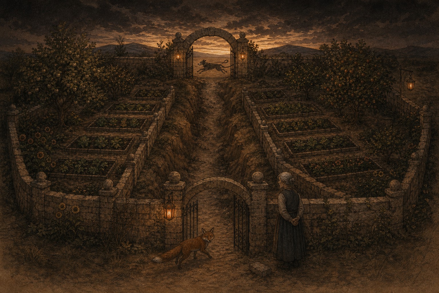 A dusk landscape in aged tones: two walled orchards with raised beds flank a dry path. Through a far arched stone gate a dark hound is caught mid-lunge; near the closer gate a fox pauses, glancing back, while a gardener stands still with her hands behind her back, a loose stone at her feet. Lanterns glow ember-orange.