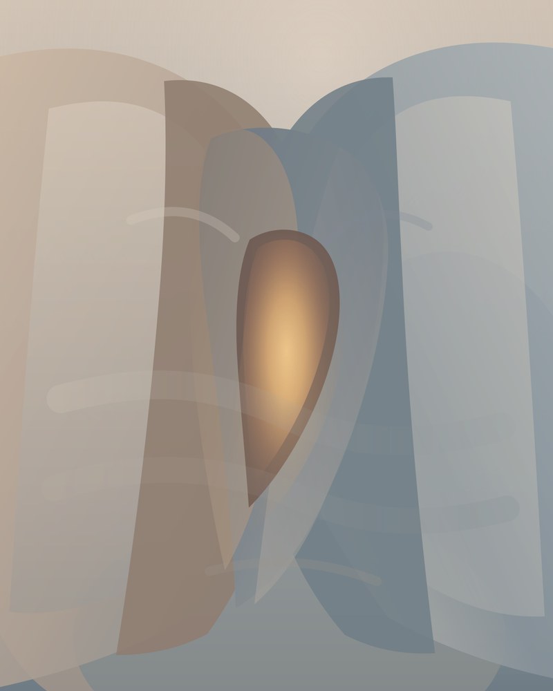 After Hours Window: translucent vertical layers in dusk blue and warm tan, parted like curtains around a single amber teardrop of light, a lit window after closing time.