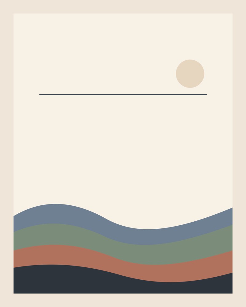 Dusk Ridge: a pale gold sun and one thin horizon line over four patient wavy bands of blue-grey, sage green, muted rust, and near-black, on warm cream.