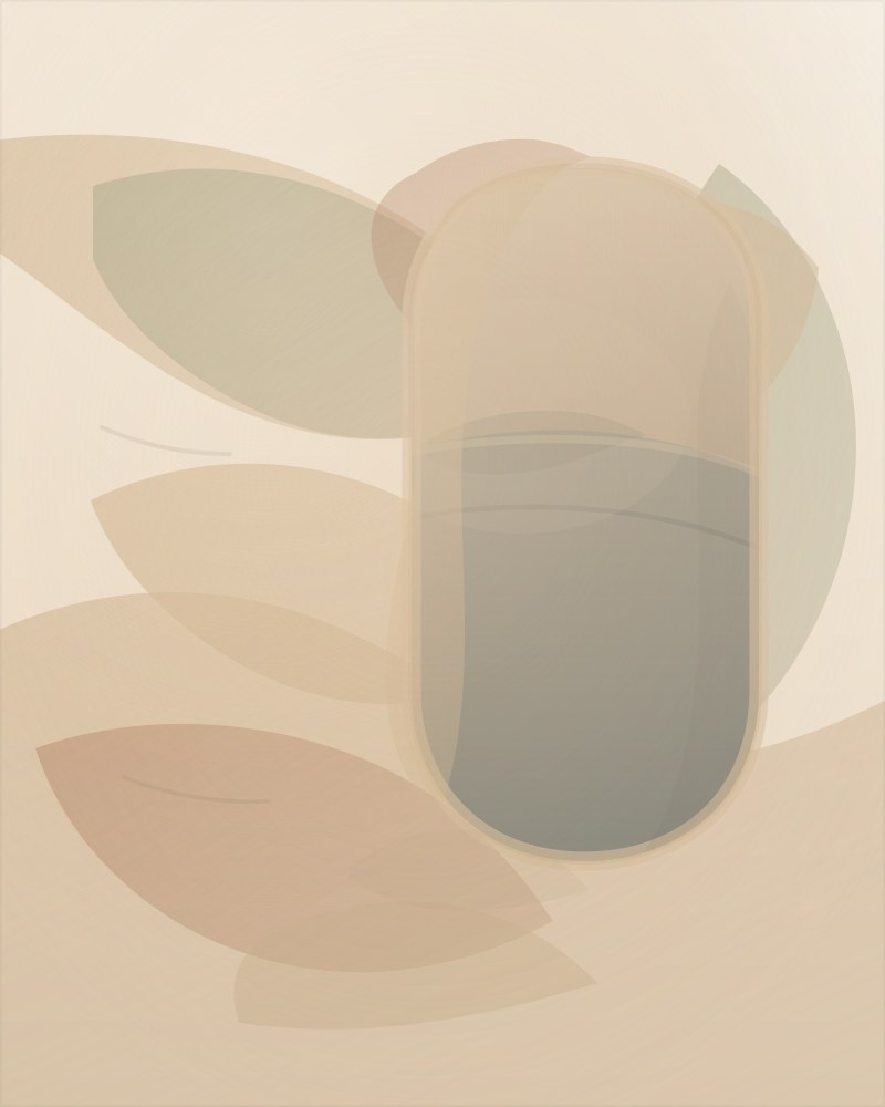 Soft Harbor: an abstract print in sand and cream, soft overlapping leaf shapes around a rounded arch that holds a sage-grey oval, like a stone resting in a harbor.