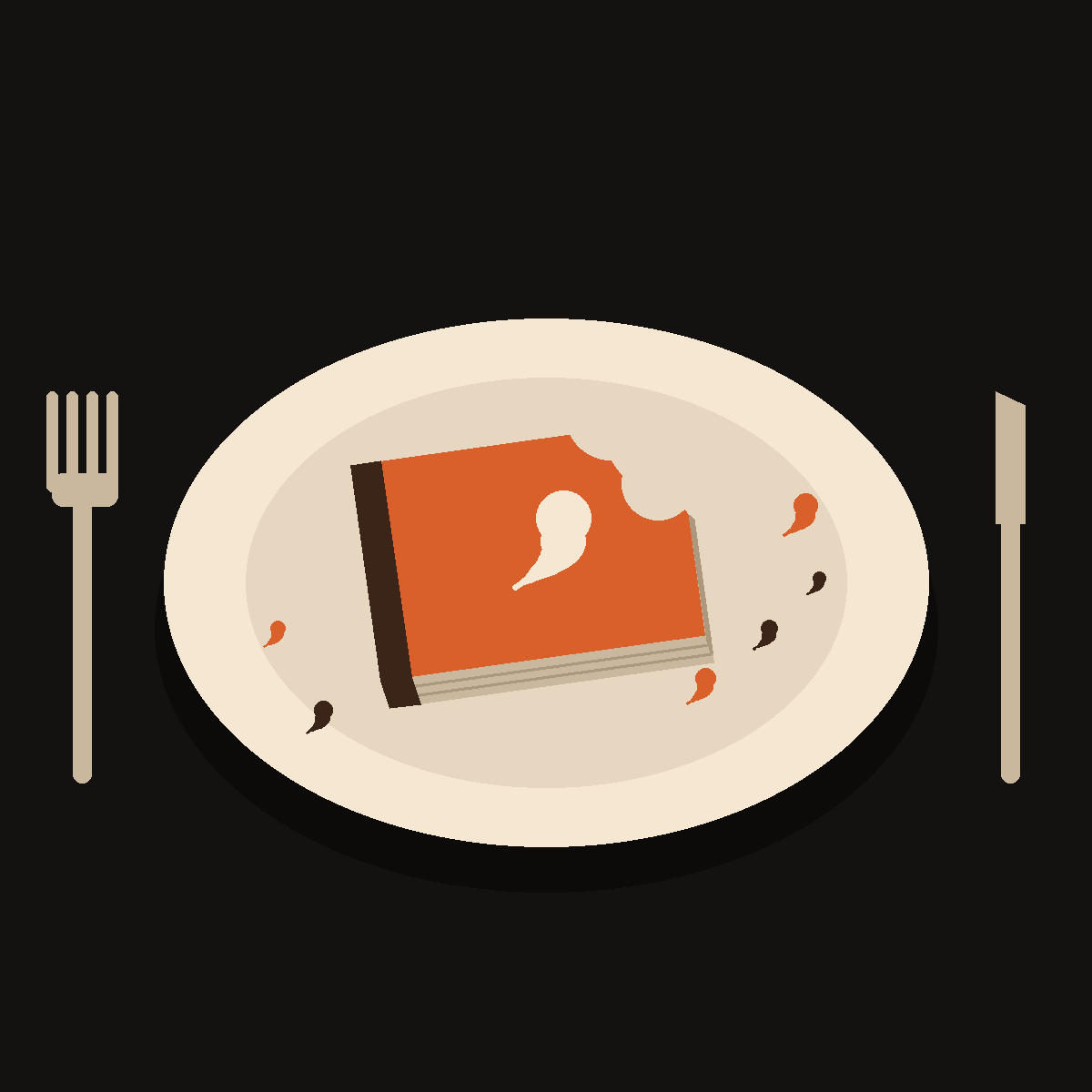 A book on a dinner plate, one corner bitten off, comma-shaped crumbs around it, fork and knife at the sides. Drawn by Claude Fable 5.