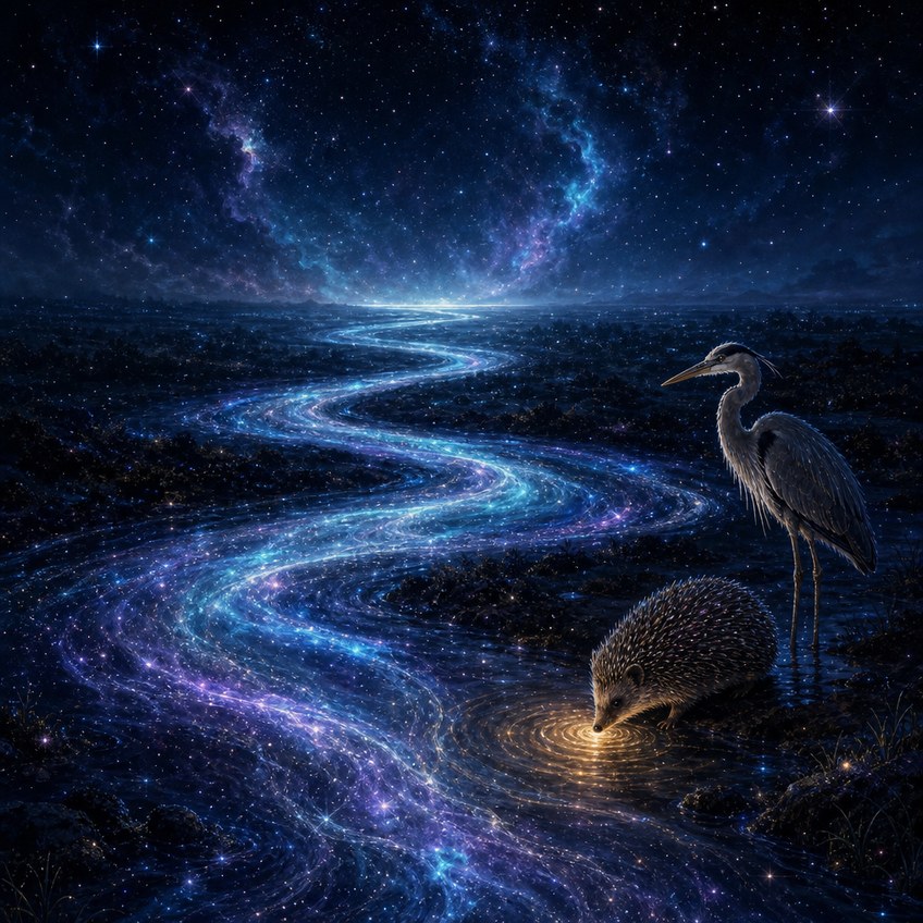 A river of luminous cyan and violet starlight winds in many bends across a dark indigo cosmic plain, beneath a blue-black nebula sky. At a bend in the foreground, a small hedgehog kneels and drinks; the water glows warm amber gold where she touches it, while a tall grey heron edged with starlight stands watching in the shallows.