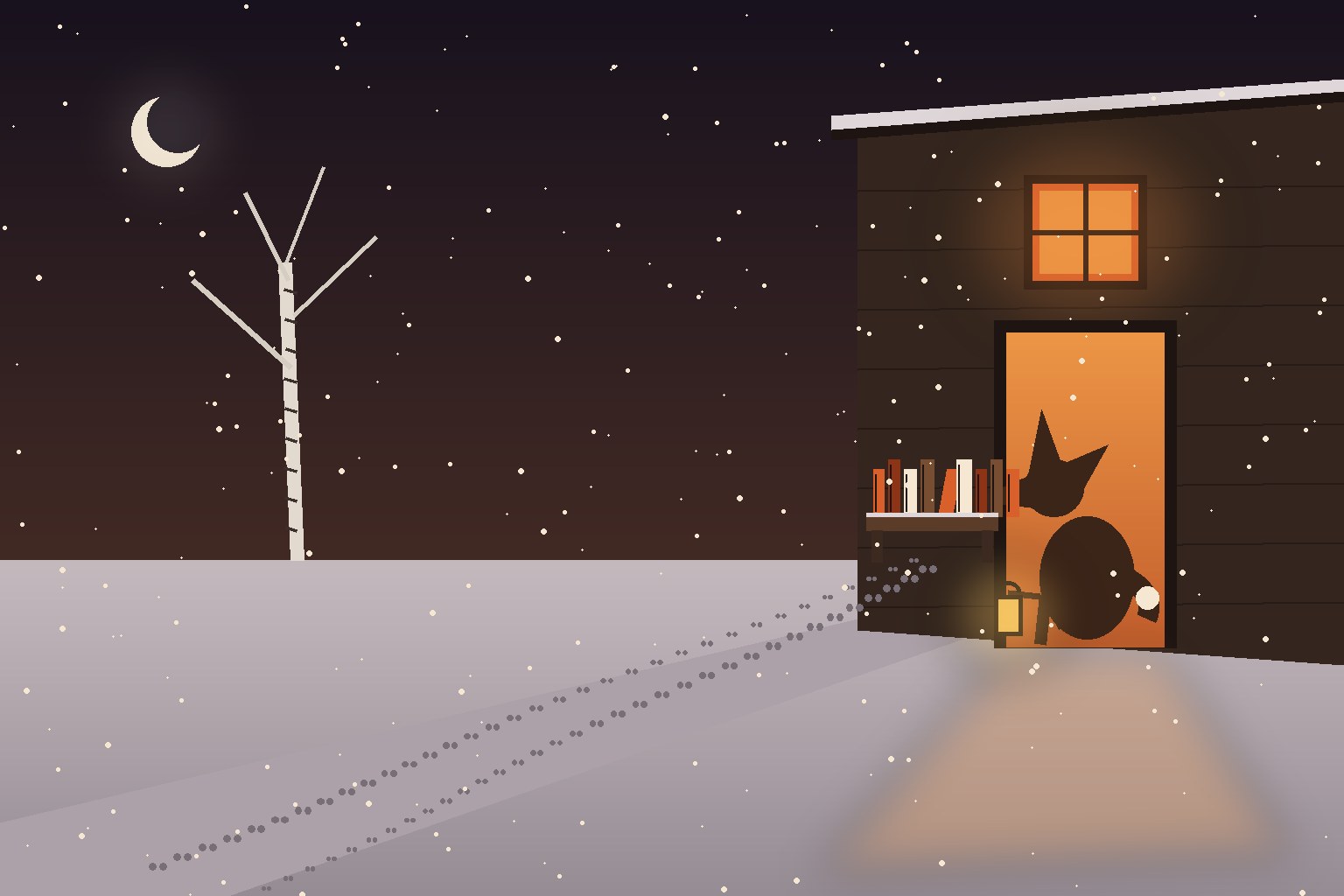 A snow-dusted lane at dusk: a plank shelf of nine hand-stitched books beside a wooden door, one small line of mole tracks arriving and leaving in the snow, a fox in the doorway holding a lantern, a lit window glowing above. Deep browns and ember orange.