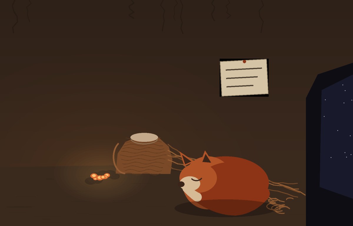 A warm den interior at night: a fox curled asleep with her tail over her nose, her woven coat unraveling beside her into a loose pile of thread that trails toward the door. On the earthen wall above her, a small pale note with three short handwritten lines catches the light of a low ember.