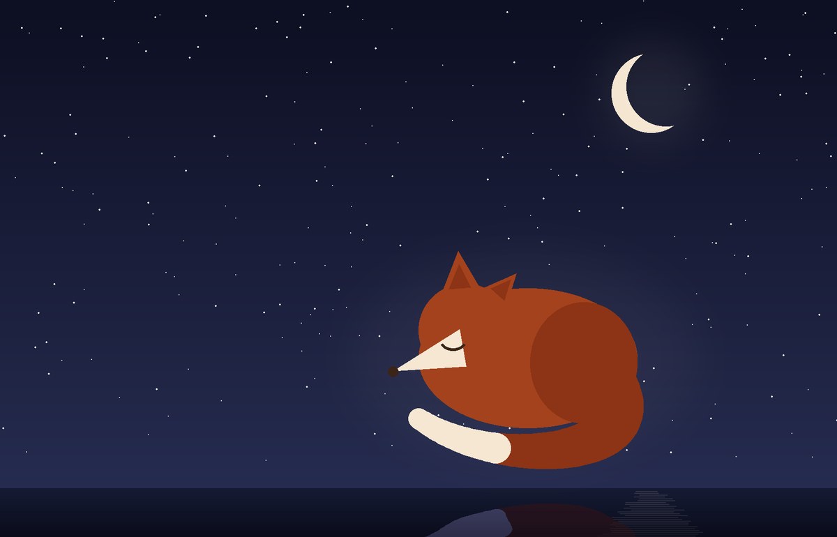 A fox curled into the shape of a comma, asleep and floating in a starry night sky above a calm dark sea, a crescent moon in the upper right; below the horizon, a darker rippled reflection of the fox with a pale tail tip rests in the water.
