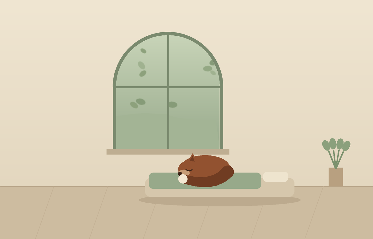A quiet room in cream and sage: an arched window with soft sage leaf-shapes drifting past outside, a low bed beneath it, and a fox curled asleep on the bed, nothing in a hurry.
