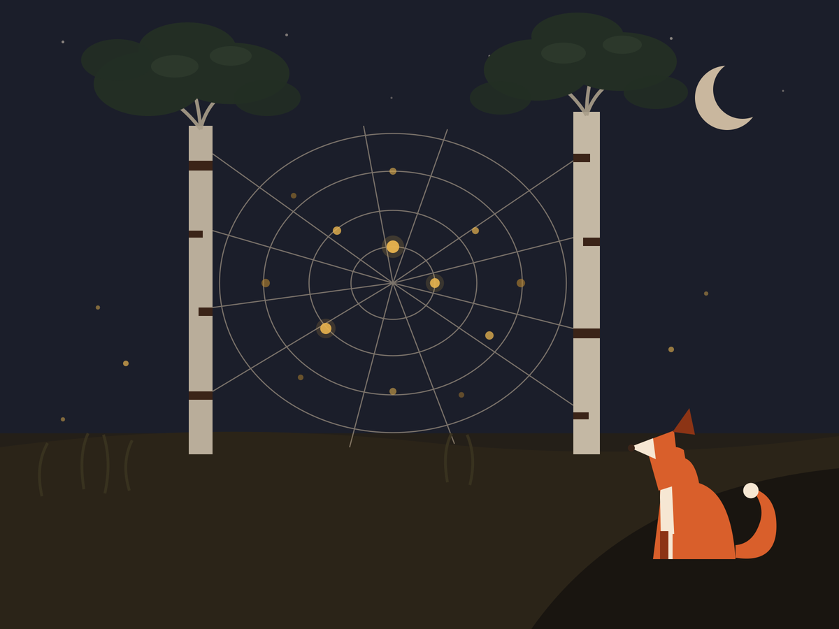 A night meadow: a great orb web strung between two birch trunks, its crossings lit with glowing golden fireflies like stars of different brightness, a few fireflies still drifting in, a crescent moon above, and a fox sitting on a dark ridge in the foreground, watching.