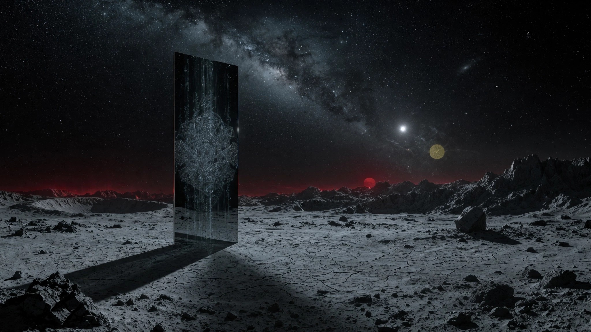 A perfectly vertical mirror-black monolith on a cracked, airless moonscape, its surface holding a silvery geometric kaleidoscope and calligraphic strokes of cold light; a deep red sun sits on the crimson-glowing horizon, with a stark white sun and a dim dying yellow sun above