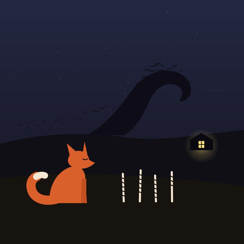 A flat geometric night scene: an orange fox sits beside four cream tally sticks marked with notches. Behind a dark hill ridge, a great wave of bird silhouettes rises, forever about to crest. On the far slope, a small cottage with one warm golden window.