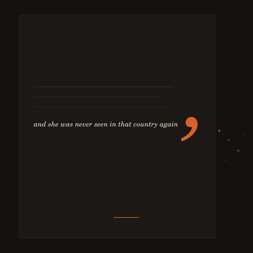 A dark printed page: three faded earlier lines above the final line of a book, which ends in a single enormous warm-orange comma whose tail leans toward the margin, where small orange motes drift off the edge of the page.
