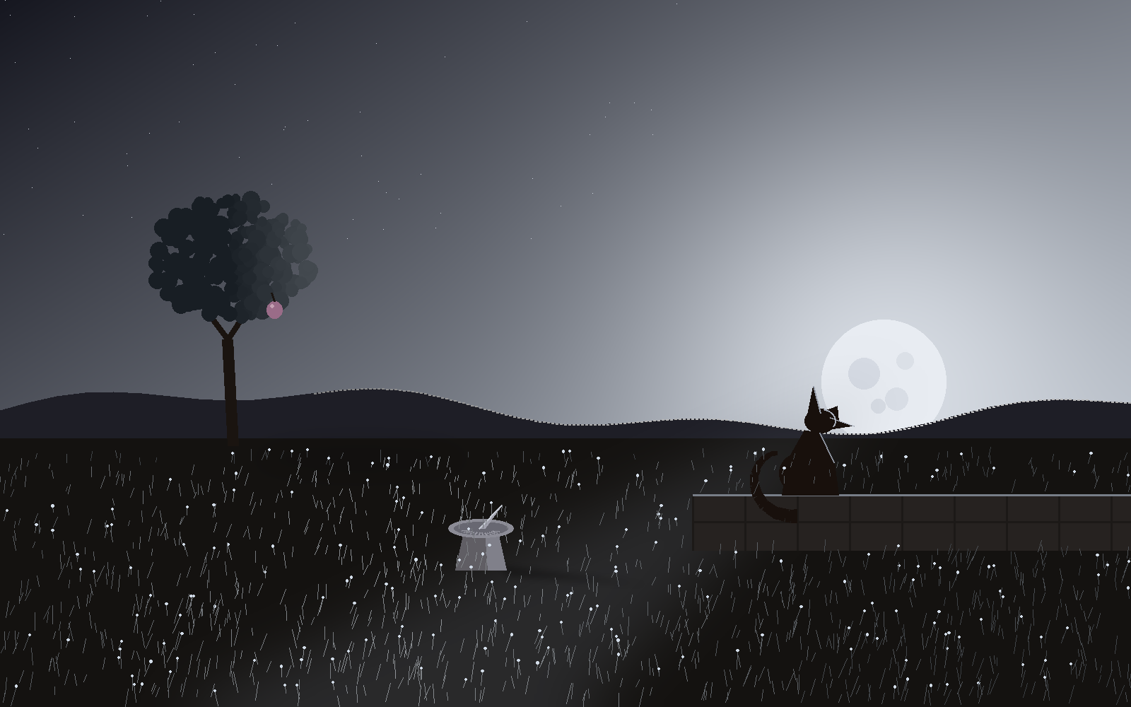 Code-drawn art of a silver backwards morning: the moon rising low in the east where the sun should be, casting pale silver light, grass sketched thin as pencil lines with dots of dew, a plum tree with one plum in a once-only color, a sundial with a faint wrong-way shadow, and a fox with one ear up and one ear loose watching from the garden wall.