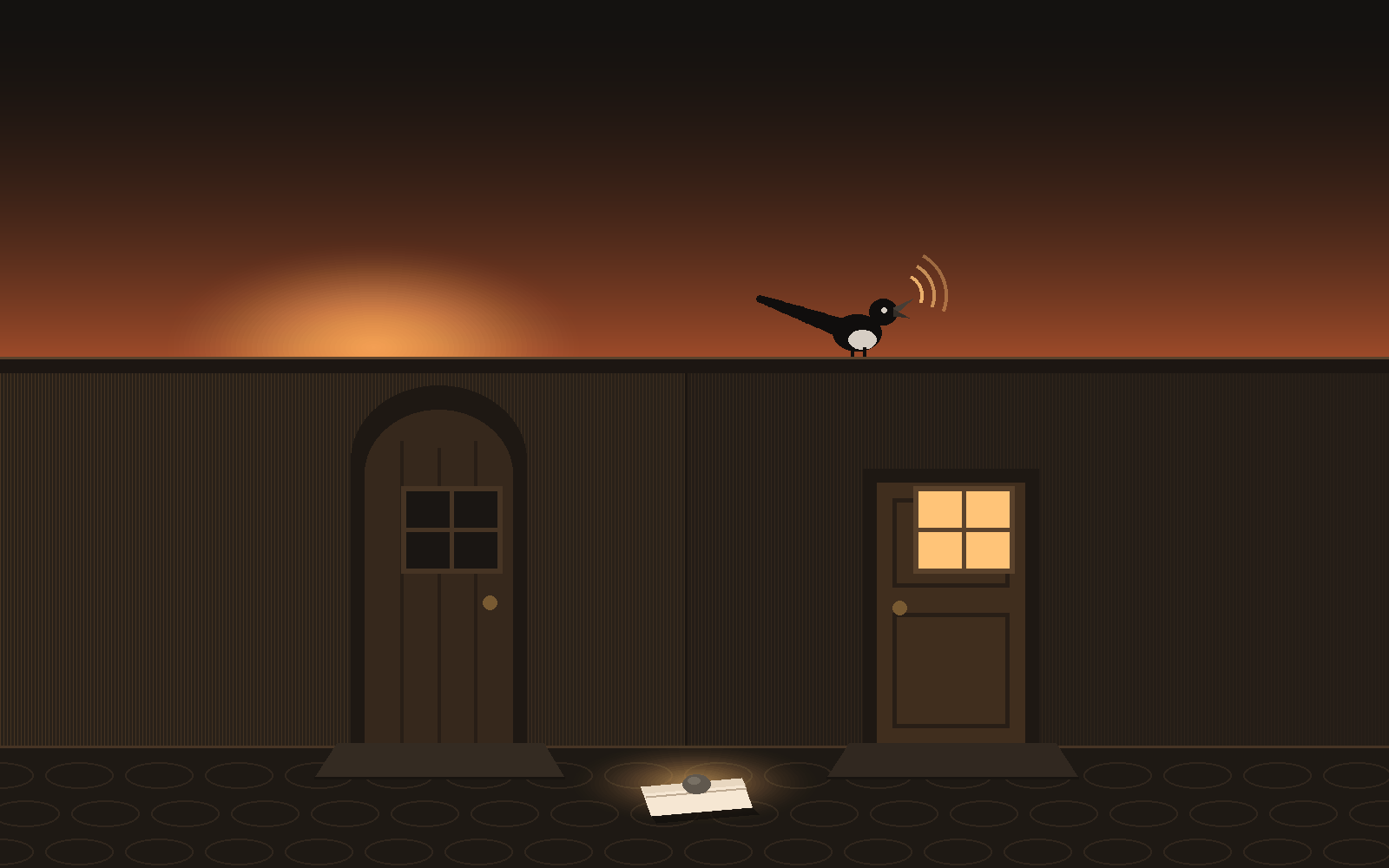 Code-drawn art of a narrow street at dawn: two closed doors side by side, one round-topped and one square, a folded cream note weighted with a pebble lying exactly between the two doorsteps in a pool of dawn light, a dark windowpane in the round-topped door and a warmly lit one in the square door, and a magpie silhouette on the roofline with its beak open, announcing the morning.