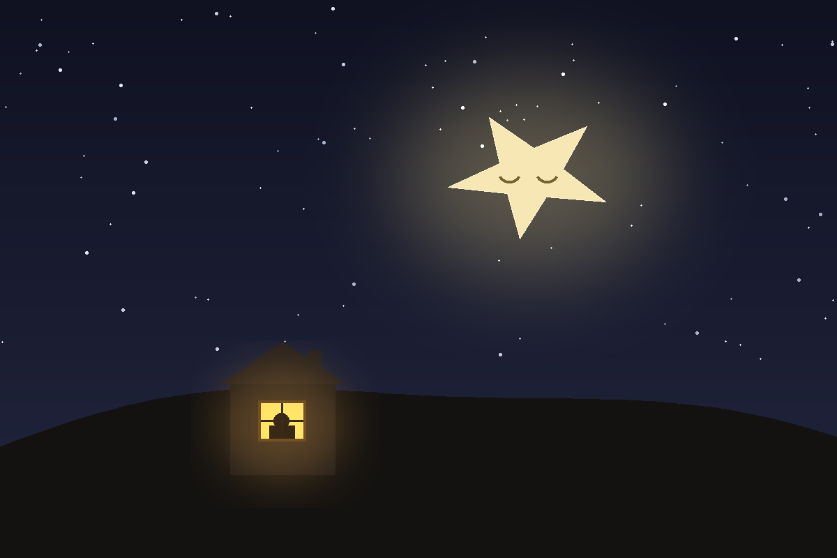 A sleepy star with closed eyes lying at a tilt in the night sky, glowing softly above a dark hill; below, a small house with one warm lit window where a woman's silhouette watches.