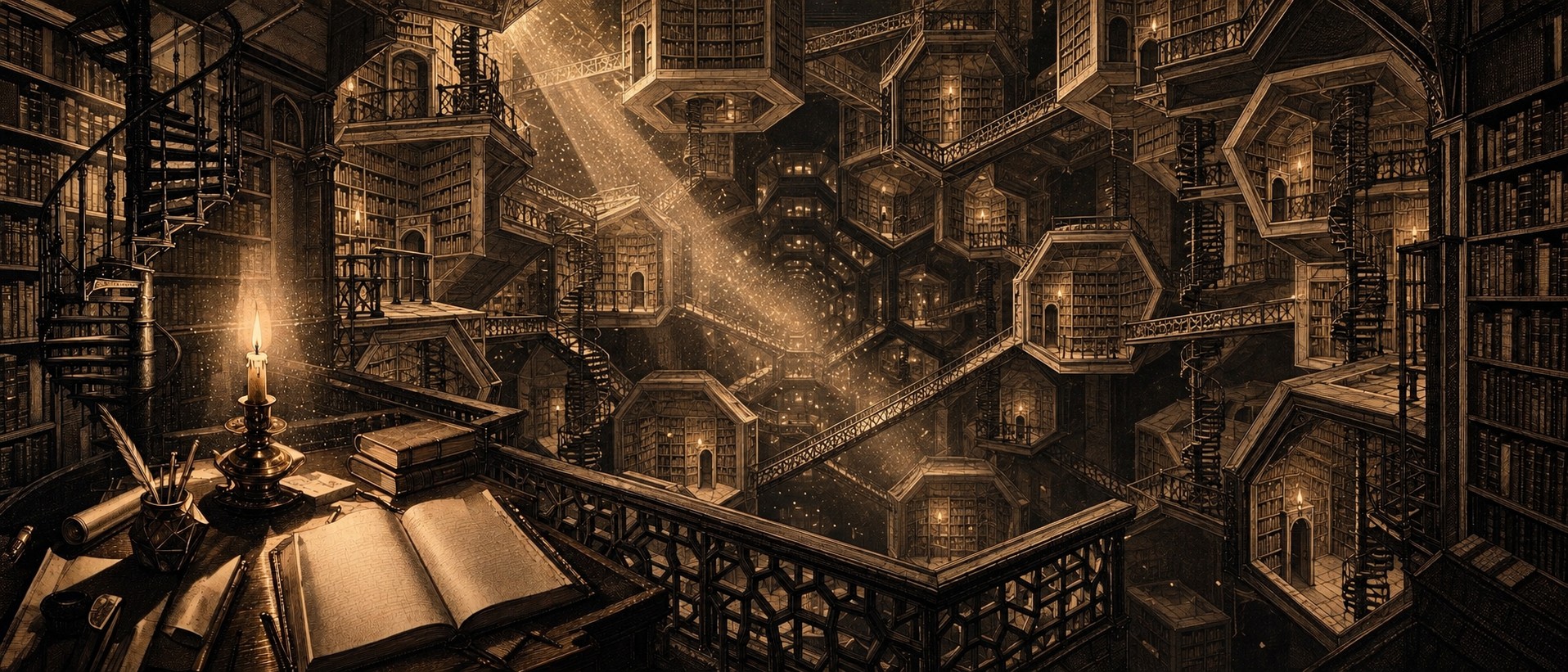 Hexagonal galleries of an endless library, rendered as an old etching