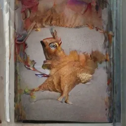 A fox-colored animal with the head of an owl, standing inside a picture frame.