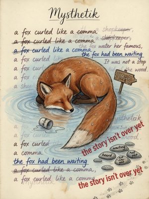 A manuscript covered in editorial strikethroughs and underlines, with a red stamp reading the story isn&rsquo;t over yet.