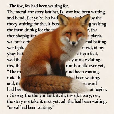 A photorealistic fox sitting on a typeset manuscript of garbled text.