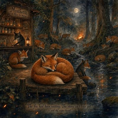 A storefront with a sign reading Mysthetik, A Place for Waiting, surrounded by many foxes and jars.