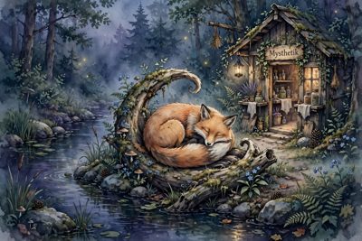A shop with an apothecary-style Mysthetik sign, jars in the window, and driftwood curled around a sleeping fox.