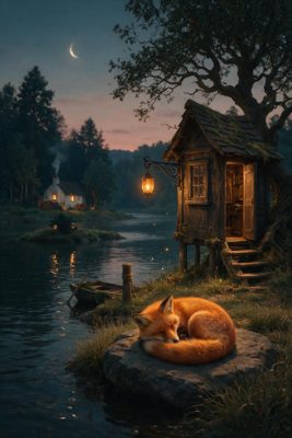 A moody forest scene with a fox and no text.