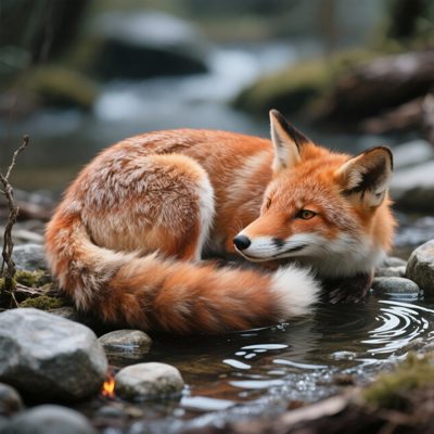 Photorealistic fox curled in a forest clearing, with a small unexplained flame.